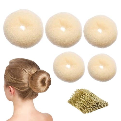 Donut Moño Kit, 5 Piezas Beige Donut Moño de Pelo, 50 Piezas de Horquillas Dorado en Forma de U, Accesorios de Peinado, para Mujeres Niñas, Bailarinas de Ballet para Hacer Moños