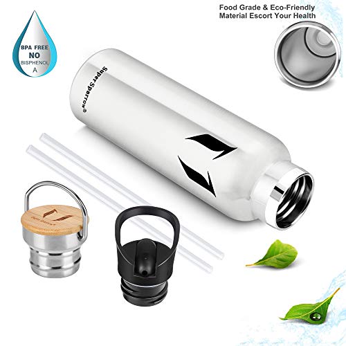 Super Sparrow Stainless Steel Vacuum Insulated Water Bottle, DStandard Mouth -350ml-620ml- 500ml & 750ml & 1L - BPA Free - with 2 Exchangeable Caps + Bottle Pouch (Stainless Steel, 620ml-21oz)