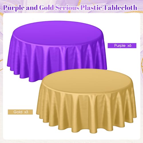 Buryeah 12 Pcs 84 Inch Purple and Gold Round Plastic Disposable Table Cloth Waterproof Tablecloth Circle Table Covers for Graduation Bridal Wedding Birthday Party Gender Reveal Baby Shower by Buryeah - Used condition - Image 3
