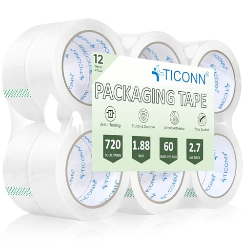 TICONN Packing Tape, 720 Yards Heavy Duty Clear Packaging Tape 2.7 mil Shipping Tape (12 Pack)