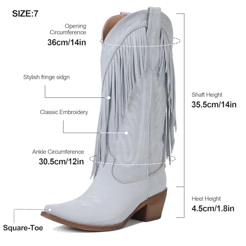 Image of Cowgirl Boots for Women Retro Pointed Toe Pull On Block Chunky Heel Embroide Tassel Country Concert Outfits Mid Calf Western Fringe Cowboy Boots