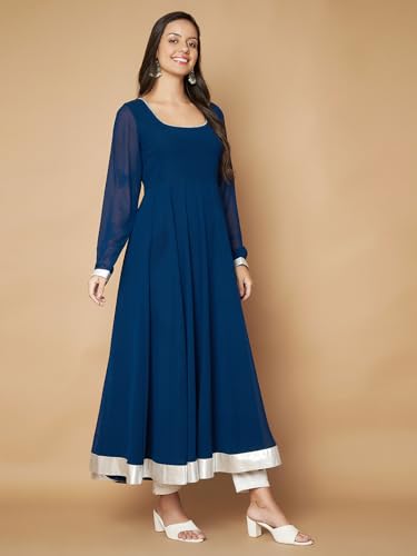 Image of KZA Women's Georgette Hand Embroidered Flared Anarkali Suit for Women | Full Sleeves Flare Anarkali Dress for Woman | Ethnic Flared Anarkali Kurta for Women