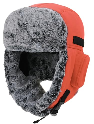 Unisex Trooper Trapper Hat Faux Fur Winter Hats Ushanka Aviator Hat Russian Hat Thick Warm Ski Cap Hunting Hat with Ear Flaps Orange