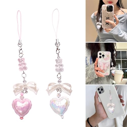 GMBYLBY Fashionable Love Heart Phone Decoration Beaded Phone Lanyard Unique Bowknot Phone Hangings Pendant Decoration Charm
