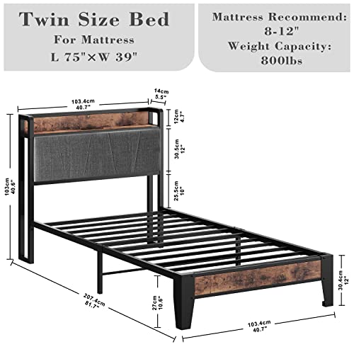 Likimio Twin Bed Frames, Storage Headboard With Charging Station, Solid And Stable, Noise Free, No Box Spring Needed, Easy Assembly #TOP1
