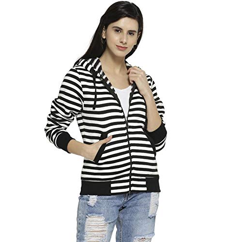 Image of PINACOLADA Women's Grey Zip-Front Horizontal Striped Hoodie for Casual Wear | Hooded Neck | Long Sleeve | Zipper Closure | Cotton Sweatshirt Crafted with Comfort Fit for Everyday Wear