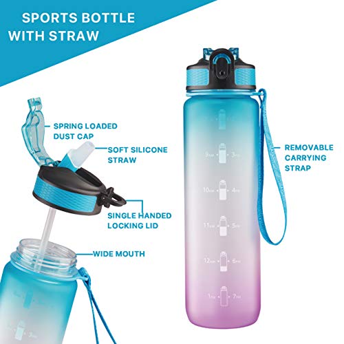 Eyq 32 Oz Water Bottle With Times Marker, Carry Strap, Leak-Proof Tritan Bpa-Free, Ensure You Drink Enough Water For Fitness, Gym, Camping, Outdoor Sports (Green/Purple Gradient) #TOP2