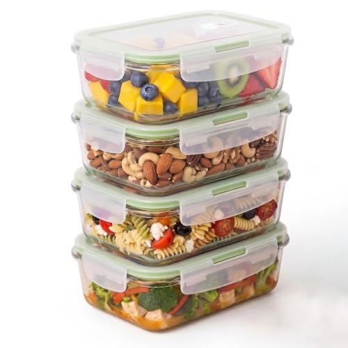 Image of Borosilicate Food Glass Containers with Air-Vent Lids, Rectangular | 410 ml Each, Set of 4 | Airtight & Leakproof | Microwave, Freezer & Dishwasher Safe for Kitchen, Fridge and Lunch