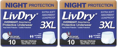 Image of LivDry 3XL Overnight Adult Diapers for Women and Men, XXXL Incontinence Underwear, 72 inch-92 inch Waist, Disposable Pull-On Briefs, XXX-Large, 10 Count (Pack of 2)