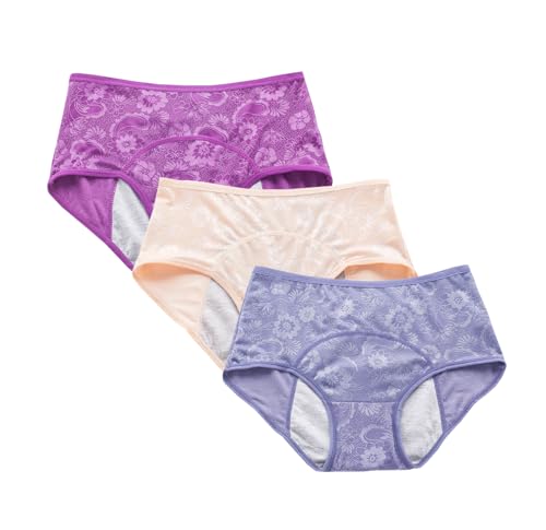 YOYI FASHION Women Menstrual Period Briefs Jacquard Easy Clean Panties 3 Pack Size 12, Blue, Nude, Violet