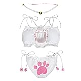 Women Sexy Cosplay Lingerie Japanese Cute Anime Cat Kitten Keyhole Maid Costume Underwear Bikini Outfit Set with Bell Necklace Choker (Medium,White)