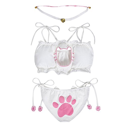 Women Sexy Cosplay Lingerie Japanese Cute Anime Cat Kitten Keyhole Maid Costume Underwear Bikini Outfit Set with Bell Necklace Choker (Medium,White)