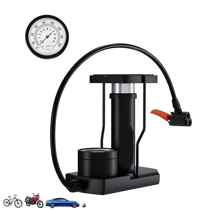 Product image of First Choice Dual Head Foot Air Pump with Pressure Gauge, Heavy Compressor Floor Pump for Bicycle, Football, Motorbike, Black