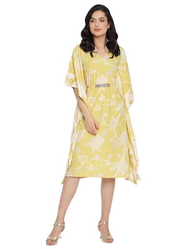 Image of Ahalyaa Women Lime Green & Off White Floral Printed Flared Sleeves Floral Kaftan Kurta