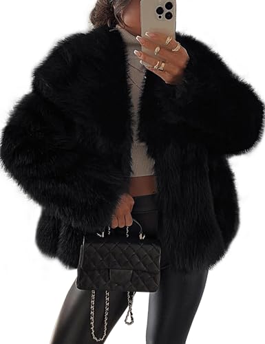 FOMELY Faux Fur Coat Fluffy Fur Jacket Women Lapel Collar Open Front Winter Coat Shaggy Outwear With Pockets