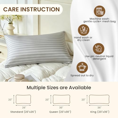 Image of THXSILK Set of 2 Mulberry Silk Pillowcase for Hair and Skin, Cooling Bed Pillow Cover with Hidden Zipper, Soft Smooth Print Silk Pillowcase Gifts for Women Men (Standard 20 inchx26 inch, Grey Stripes)