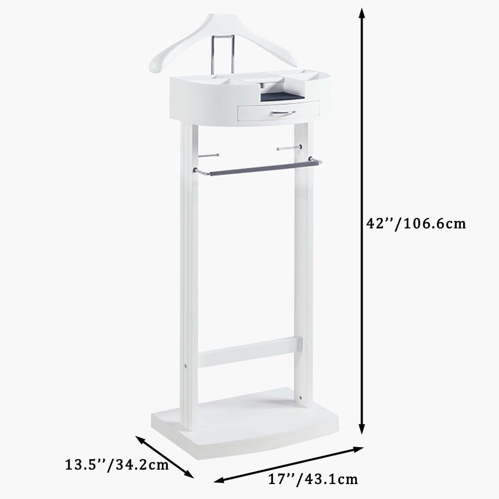 Multifunctional Valet Stand Solid Wood Floor Standing Clothes Hanger with Trousers Rack & Storage Compartment, 43.1x34.2x106.6cm, Stylish White Coat Rack for Suits & Accessories