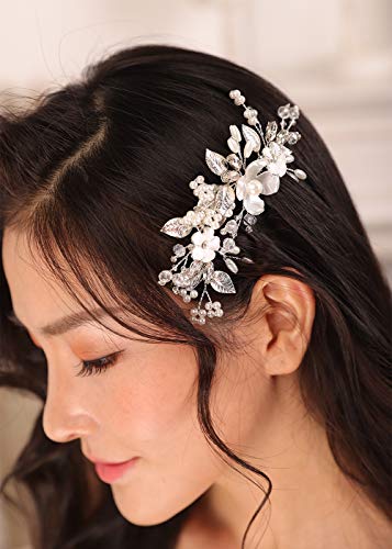 Kercisbeauty Lot de 2 petites épingles à cheveux argentées mignonnes pour femme, mariage, feuilles et perles, accessoires pour cheveux, bal de promo, fleurs blanches, collection Art déco