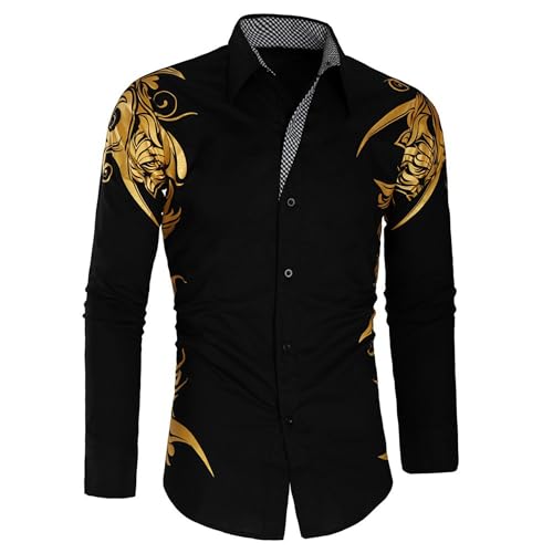 DGHM-JLMY Men's Totem Gold Printed Long Sleeve Shirt Hipster Slim Fit Button Up Party Dress Shirts Gold Shiny Stylish Shirt2