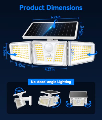 KOOPER Solar Flood Lights 210 LED Motion Sensor Outdoor Waterproof 3 Heads 300 Wide Angle - image 7