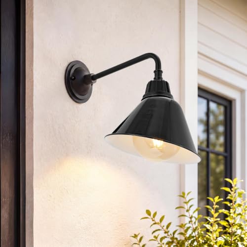 Image of JONATHAN Y Croydon 1-Light Gooseneck Barn Sconce 9.63 inch, Black | Metal Bell Shade, Farmhouse Industrial Wall Fixture, Indoor or Outdoor, LED Bulb Included, Dimmable, For Porch, Patio