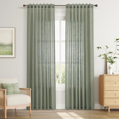 Joywell Sage Green Back Tab Linen Curtains 90 Inches Long 2 Panels for Living Room Bedroom Neutral Boho Farmhouse Rustic Light Filtering Semi Sheer Curtains Window Treatment 52x90