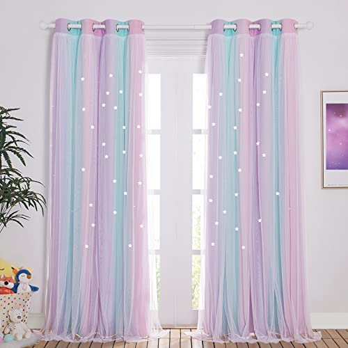 NICETOWN Baby Room Decor, White Gauze & Blackout Drapes Assembled, Star Cut Romantic and Colorful Curtains with Versatile Styling Options for Birthday Party (Blue & Purple & Pink, Each is W52 x L84)