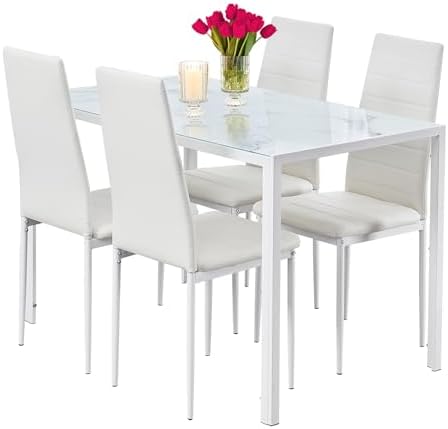 Amazon.com - PEITAIKO 5 Pieces Rectangular Dining Table with Chairs Set for 4 White Kitchen ...