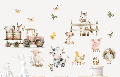 wolga-kreativ Wandtattoo für das Kinderzimmer, Wandsticker selbstklebend – Bauernhoftiere Motive - Traktor, Kuh, Schweinchen, Schaf, Pferd
