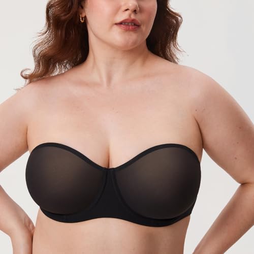 DELIMIRA Women's Cosnufy Strapless Bra Sheer Mesh Plus Size Unlined Underwire Bras4