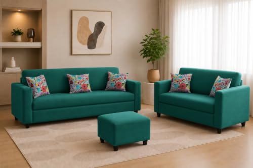 Image of Rosebell 3+2 Fabric Sofa Set with Ottoman | Premium Upholstery 5-Seater Sofa | with Printed Cushions | Living Room Furniture |Green-Color