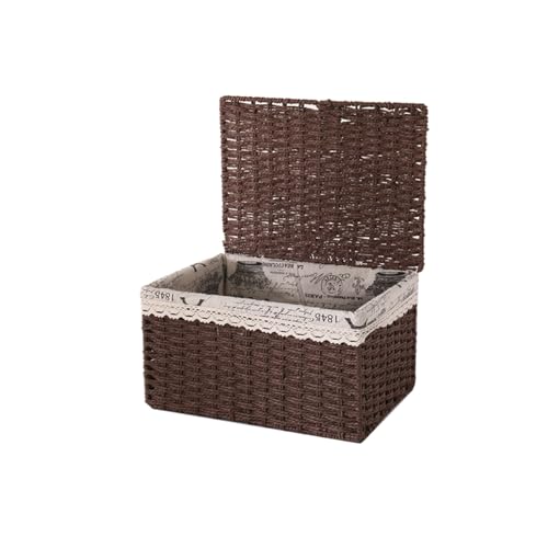 MJKQ9 収納バスケット 浅型 蓋付き コーヒー色 籐収納かご 浅型収納かご 雑貨収納 藤編み 収納カゴ F*1 果物入れ フルーツバスケット お菓子 インテリア 小物入れ 化粧品 書類 洗える インナー付き 収納バスケット 軽量 多機能 防塵 収納かご
