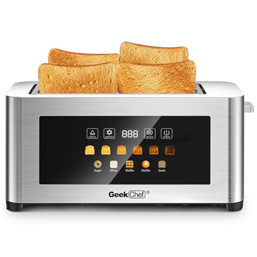 Image of Long Slot Toaster 4 Slice, Geek Chef 1.5 inch Touch Screen Extra Wide Slots for Bagels & Waffles, 6 Browning Levels, Reheat, Defrost, Cancel Function, Timer, Removable Crumb Tray, Stainless Steel