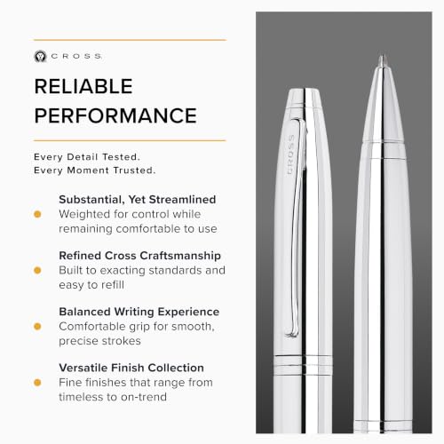 Image of Cross Calais Polished Chrome Refillable Ballpoint Pen - Medium Point, Black Ink, Smooth Writing, Presented in a Luxury Gift Box