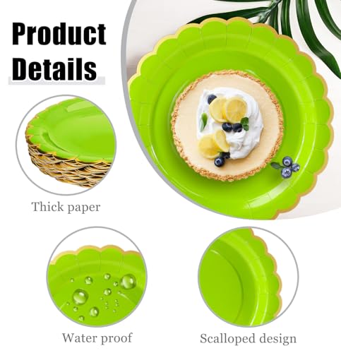 Image of HEIPINIUYE 50 Pieces Lime Green Paper Plates with Gold Foil 7 Inch Disposable Lime Green and Gold Scalloped Dinner Plates for Wedding Baby Shower Birthday Party Dessert Plate