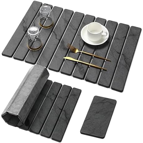 Large Stone Dish Drying Mat for Kitchen Counter, Quick Dry Stone Dishes Mats,Foldable Water Absorbing Diatomaceous Earth Drying Organizer Pad for Plate Rack Bottles Utensils(Dark Gray 24"×16" & 8"x4")
