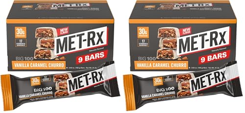 Image of MET-Rx Big 100 Colossal Protein Bars, Vanilla Caramel Churro Meal Replacement Bars, Brown, 9 Count (Pack of 2)