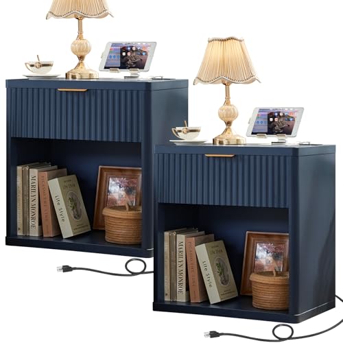 LEYAOYAO Fluted Farmhouse Nightstand Set of 2 with Charging Station, 23" Wide 1 Drawers Night Stand,Blue Dresser for Bedroom,Bed Side Table Chest of Drawers,Wood End Table for Living Room