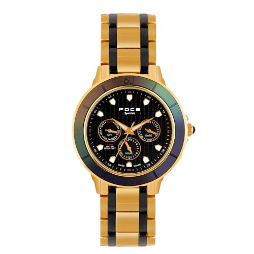 Image of Foce Men's Black & Gold Ceramic Watch - Stylish Dual-Tone Case, Black Dial with 3 Subdials (Day, Date, 24-Hour) - Model F946GGM-BLACK