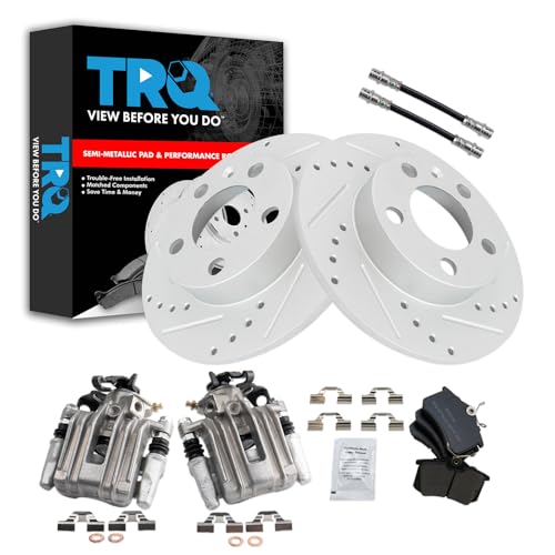 Image of TRQ Performance Rear Brake Pad and Rotor Set Semi Metallic Drilled Slotted Coated Rotors Calipers Compatible with 2007-2010 Volkswagen Beetle 1999 Golf