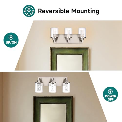 Image of Brushed Nickel Bathroom LED Vanity Lighting Over Mirror- 3 Lights | Modern Integrated LED Vanity Light Fixtures Wall Mounted for Bathroom with Crystal Bulb Clear Glass Shade