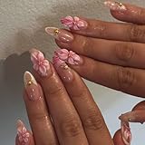 Pink Flower Press on Nails Nails Medium Almond Fake Nails French Nails Press ons Cute with Designs 3D Flower Pink Stick on Nails Glossy Glue on Nails Acrylic Nails for Women Girls 24 Pcs
