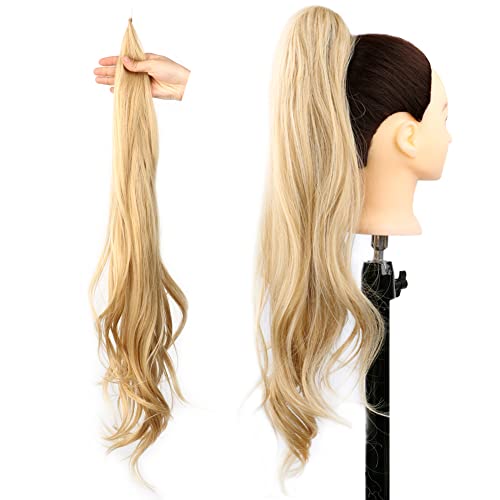DAIRESS 32Inch Flexible Wrap Around PonyTail Hair Extension Long Curly Synthetic Ponytail Wavy Pretty Hair Ponytails Hairpieces For Women Daily Use (M27/613)