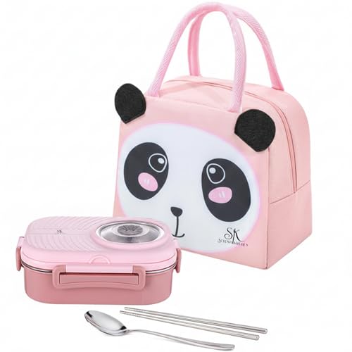Stylish Kitchen Kids Bento Lunch Box with Bag – Leakproof Stainless Steel Bento Box for School, 3 Compartments, Soup Bowl, Spoon & Chopsticks, Lunchbox Set for Girls & Boys (Pink)