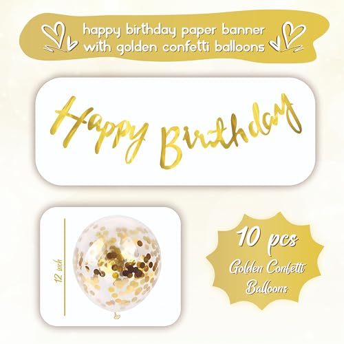 Image of Golden Cursive Happy Birthday Paper Banner with Golden confetti balloons for birthday decoration, home decoration items