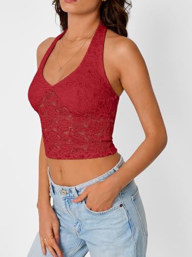 Trendy Queen Womens Going Out Tops Lace V-Neck Sleeveless Double Lined Halter Y2K Sexy Crop Fashion Tank Top 20252
