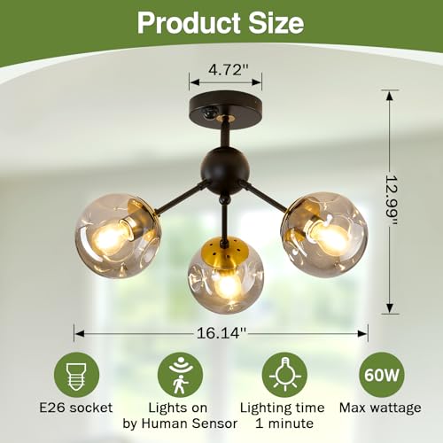 Image of Motion Sensor Light Indoor 3-Light Vintage Semi Flush Mount Ceiling Light Fixture with Glass Globe Black Chandelier for Closet Hallway Stairway Porch Entryway