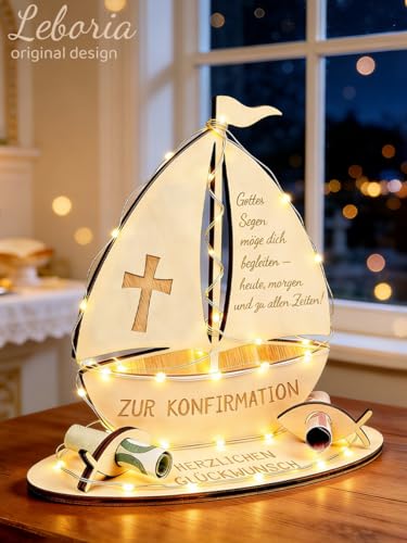 Leboria Konfirmation Geschenk Junge Mädchen, Holz Geldgeschenk mit Lichterketten, Kreative Konfirmationsdeko & Konfirmationsgeschenk für Mädchen & Jungen