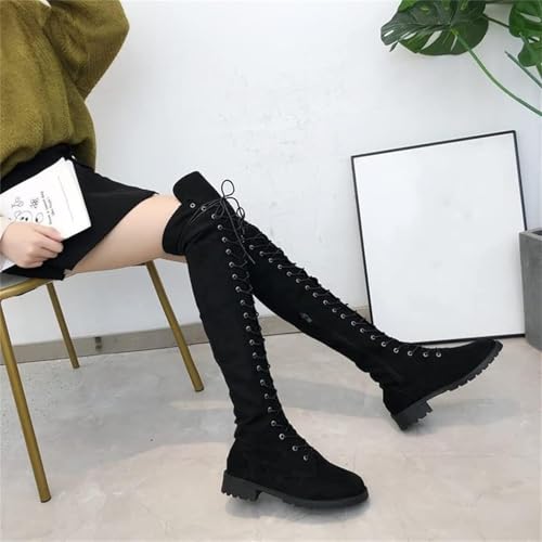 Women's Over The Knee Low Heel Lace Up Tall Boots Winter Suede Combat Riding Thigh High Boots Motorcycle Long Boots2