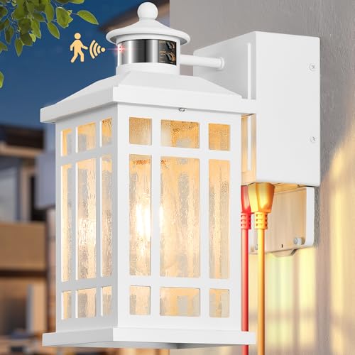 Image of White Motion Sensor Outdoor Lights with GFCI Outlet, Distance and Time Adjustable Exterior Lighting Fixtures, Dusk to Dawn Outside Light for House, Porch, Garage, 5 Modes, Waterproof, Anti-Rust
